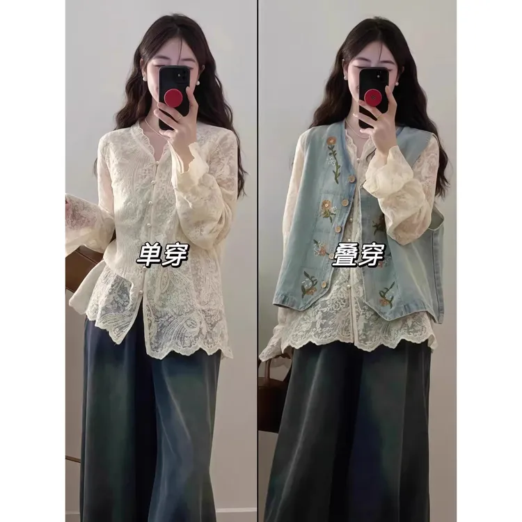 时尚一套完整的大尺寸胖mm牛仔背心蕾丝衬衫和牛仔裤三件套女休闲
