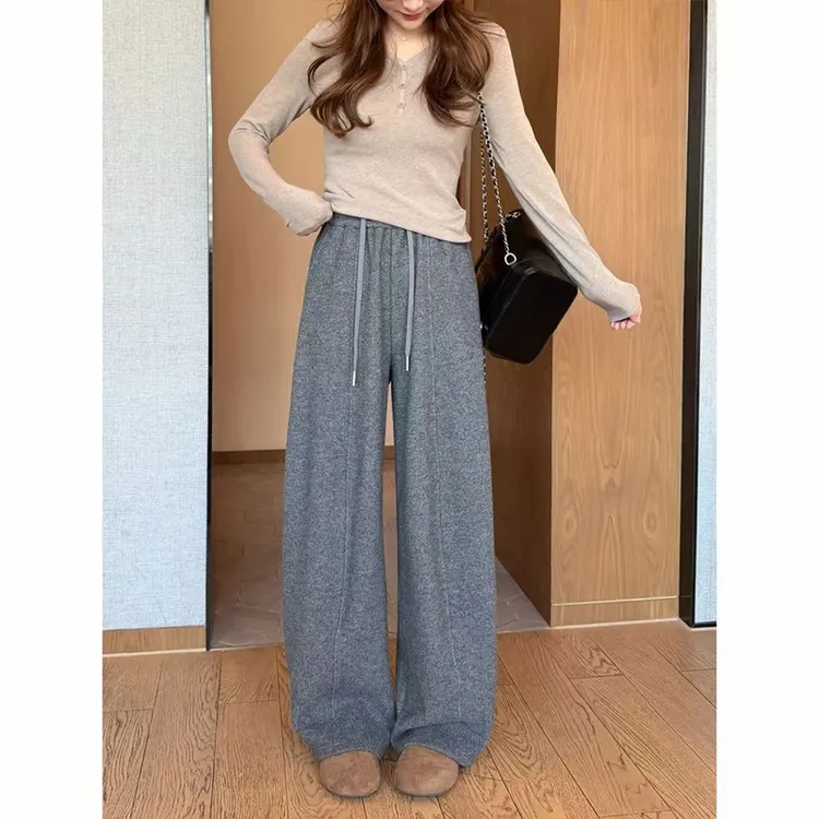 冬季新款加绒显瘦高腰直筒休闲抽绳松紧腰休闲裤洋气设计感百搭女