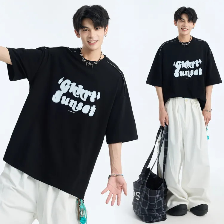 夏季模糊印花重磅320g短袖T恤男拉链设计五分袖上衣潮牌宽松体恤