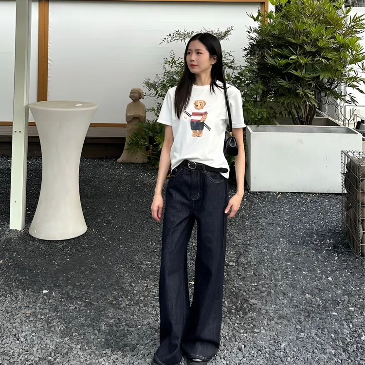 美式简约丹宁原色牛仔裤2025春季新款女装欧若风宽松阔腿裤垂感
