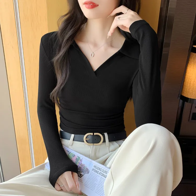polo领长袖打底衫女内搭2025春秋螺纹针织修身褶皱别致显瘦上衣