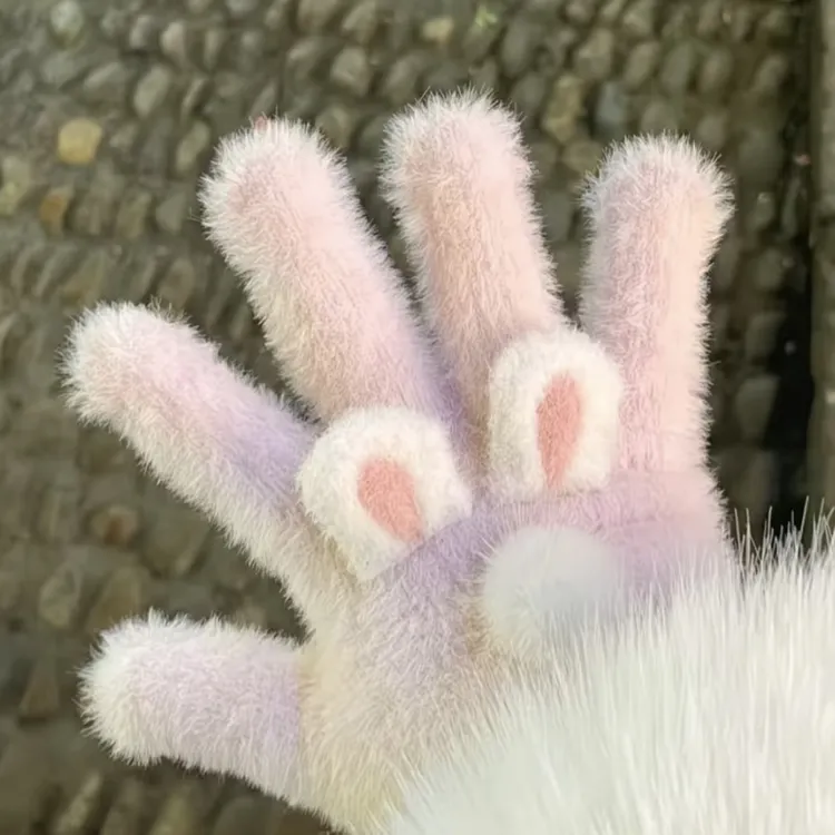 猫兔耳朵仿貂绒手套加厚韩系ins保暖秋冬通勤防寒韩系分指