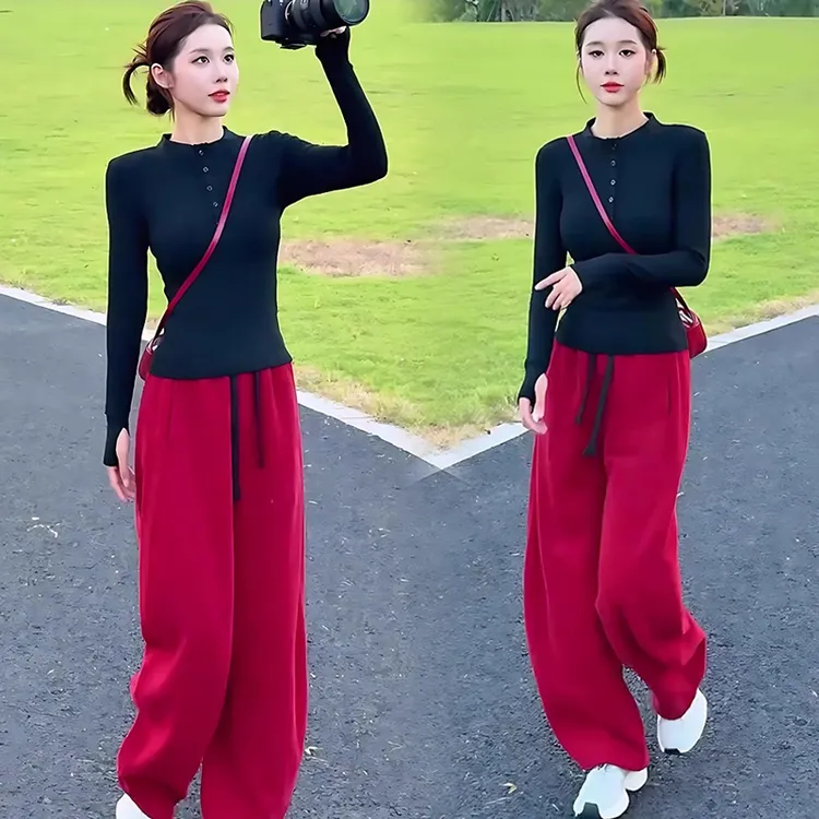 时尚套装女秋季新款长袖短款T恤打底上衣休闲束脚阔腿裤两件套潮