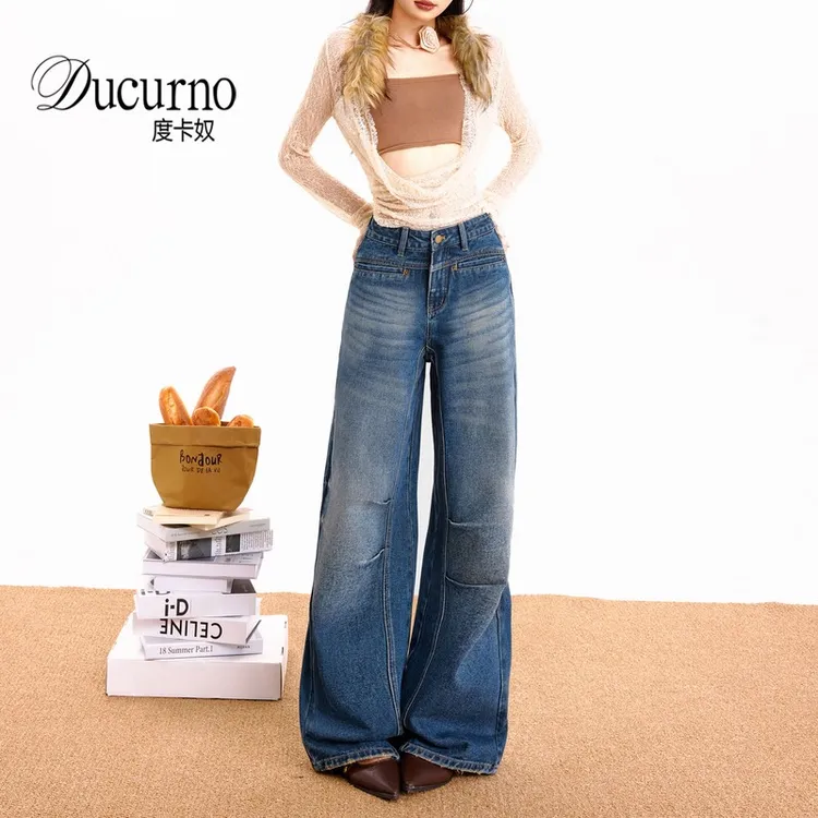 美式水洗蓝宽松阔腿裤女长裤子秋冬季新款高腰显瘦休闲直筒牛仔裤