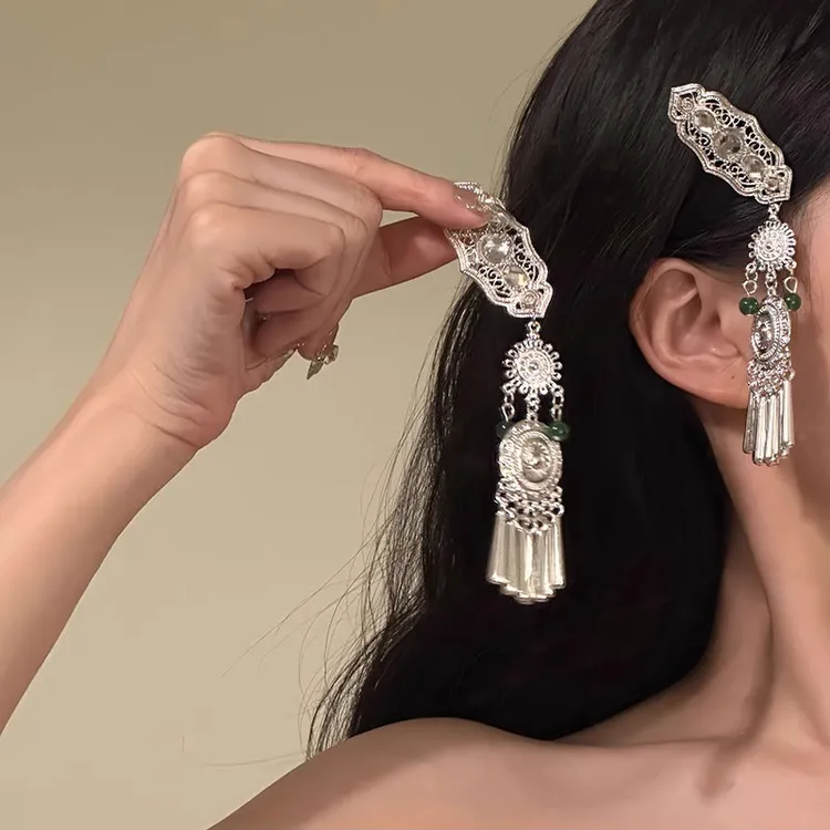 一步一响复古仿纯手工小众民族风女银色流苏发夹新中式设计感发饰