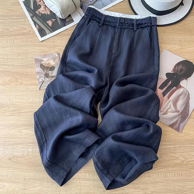 高级感天丝亚麻阔腿裤女夏季2025新款宽松垂坠感裤棉麻直筒裤