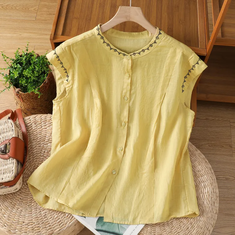 国风刺绣纯棉无袖衬衫女夏季洋气减龄立领显瘦棉麻小飞袖开衫上衣