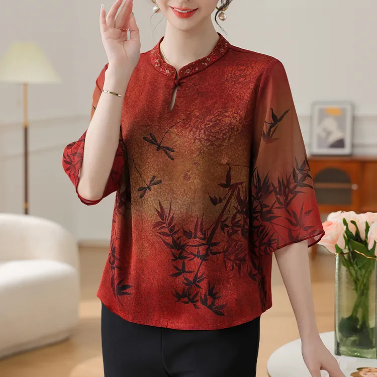 罗蒙高档妈妈装新中式国风小衫套装洋气中老年人女夏装60岁奶奶装