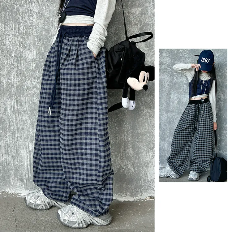 女童裤子春秋2025新款儿童6-12岁中大童女孩宽松格子直筒阔腿长裤