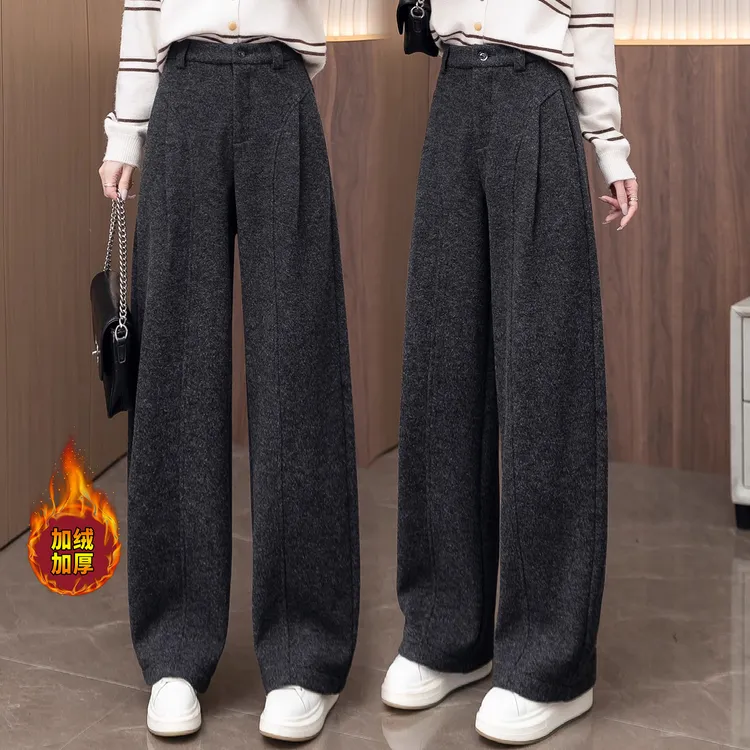 加绒糯米呢阔腿裤女2025秋冬新款美拉德高腰宽松褶皱直筒弯刀裤