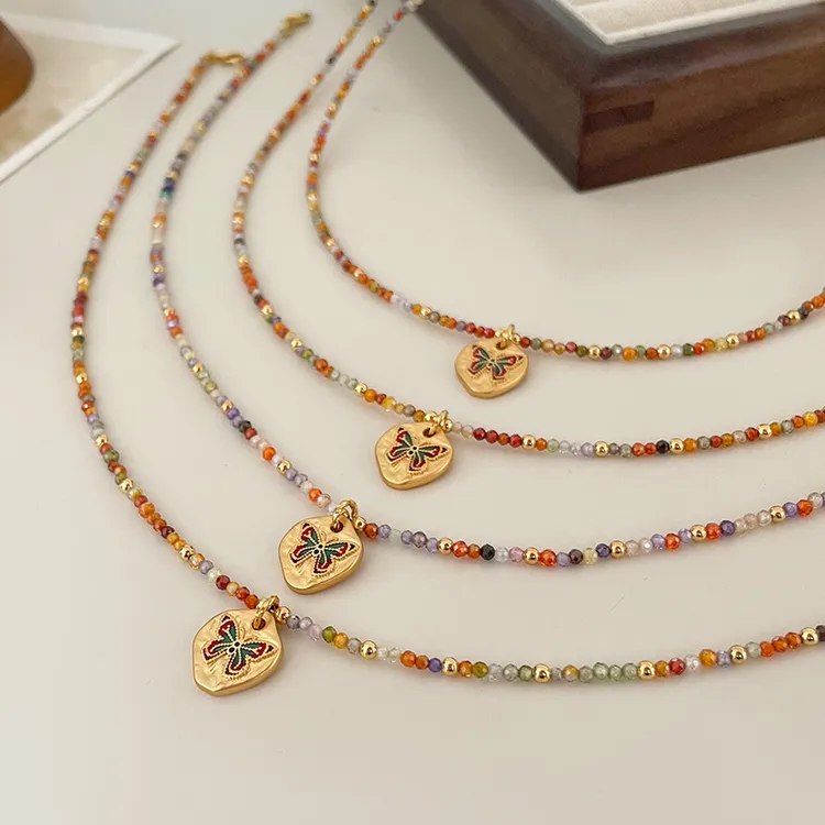 黄铜项链 黄铜ins亚克力项链锁骨链新款简约彩色锆石串珠滴油项链