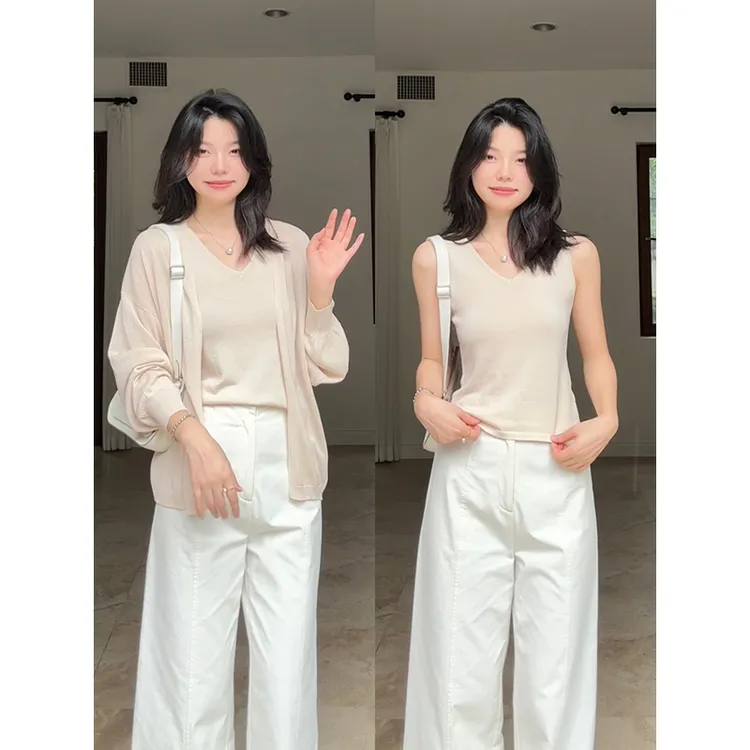 【 现货售完不补】郭九九呢 亚麻天丝背心百搭开衫阔腿裤G925A10158