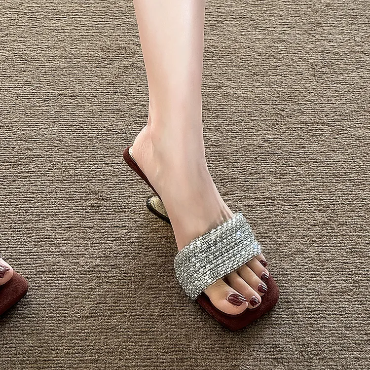 一字带凉鞋拖鞋女鞋外穿2025新款方头水钻百搭气质高跟凉拖鞋子