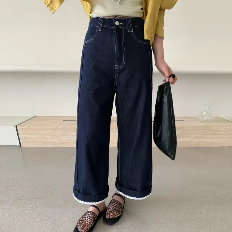 top.yuelan约澜M67739牛仔裤女2025夏薄款蕾丝翻边脚口九分直筒裤