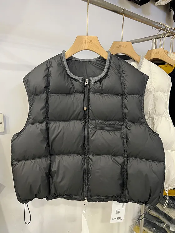 秋季新款绒白鸭绒双拉链简约时尚纯色宽松韩版圆领羽绒马夹