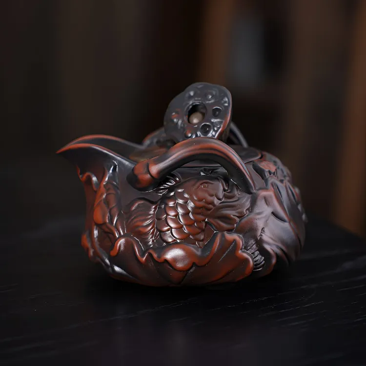 紫陶手抓壶年年有鱼手工浮雕功夫茶具茶壶复古家用泡茶器单大容量