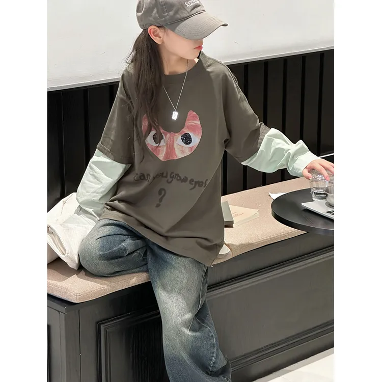 K29532孙小美拼接袖女童秋装长袖T恤2025新款春秋儿童上衣打底潮t