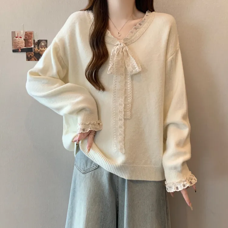 法式蕾丝蝴蝶结独特正肩毛衣女2025秋季大码胖mm显瘦喇叭袖针织衫