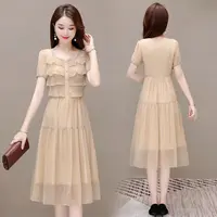 E436优雅女2025新款夏装流行显瘦减龄荷叶边名媛过膝a字裙