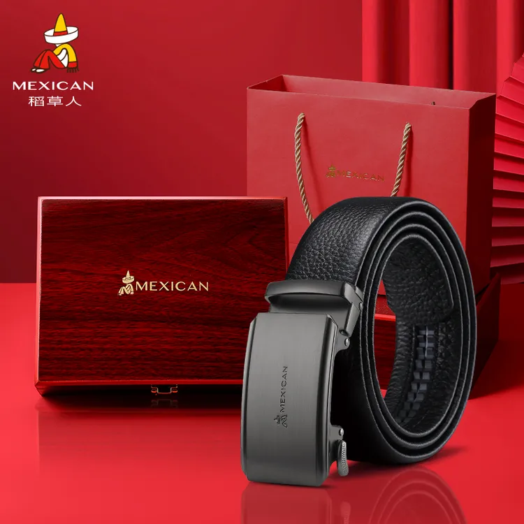 稻草人皮带男真皮高档礼盒牛皮腰带自动扣生日礼物送爸爸男友裤带