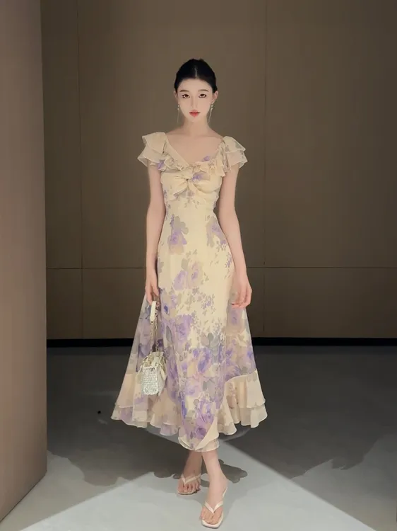 现货【春日部】纯欲韵味紫色印花连衣裙0902