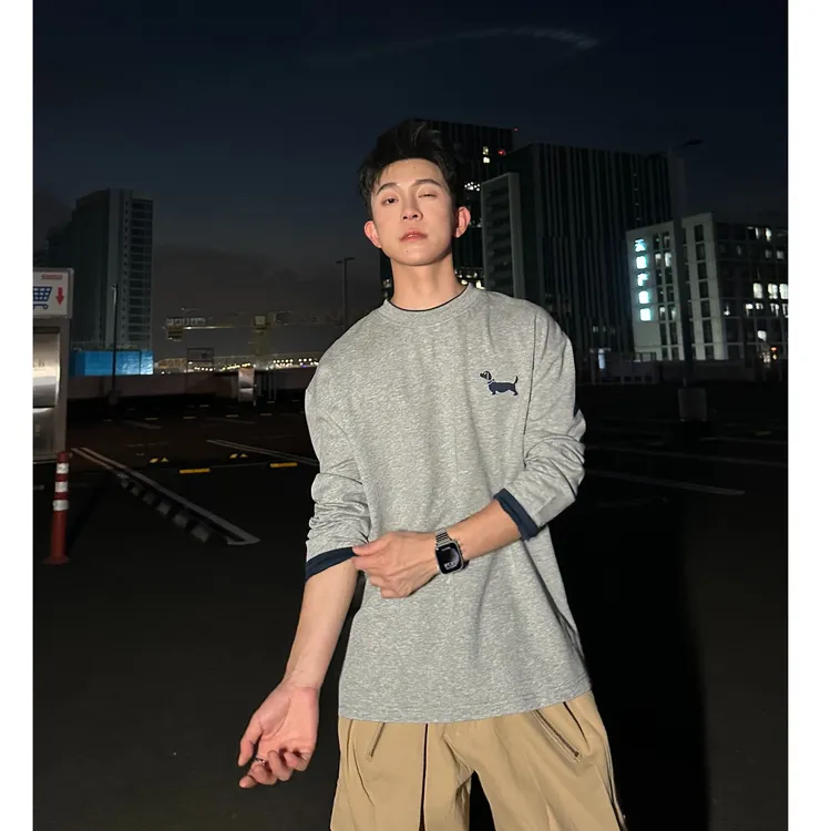 秋季T恤小狗立体刺绣长袖休闲假两件撞色灰色上衣打底衫男情侣ins