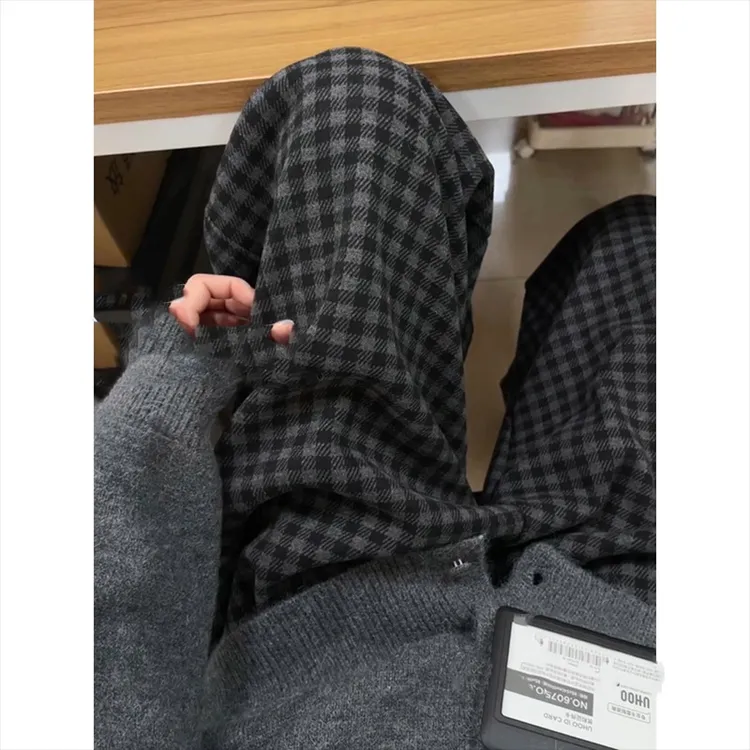 【黑灰阔腿裤】韩系垂感慵懒格子裤女2025新款宽松休闲长裤高腰显瘦商品图