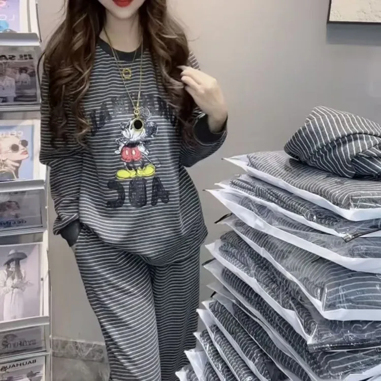 秋款爆款条纹可爱米奇显瘦遮肉洋气时尚套头减龄家居服套装睡衣