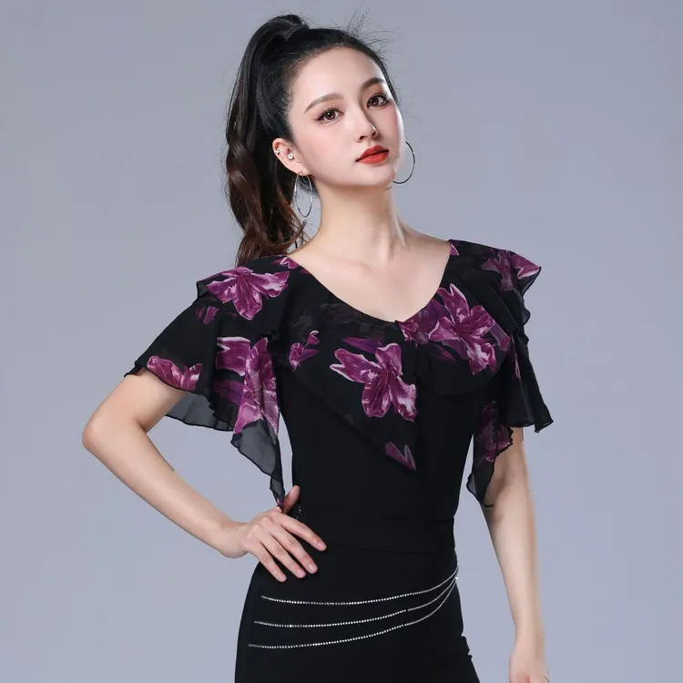 高品水晶麻面料国标摩登舞上衣女飘逸雪纺印花跳舞拉丁舞演出舞衣