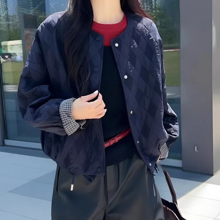 韩版时尚百搭圆领夹棉外套女格子2025秋季新款宽松休闲轻薄棉服潮