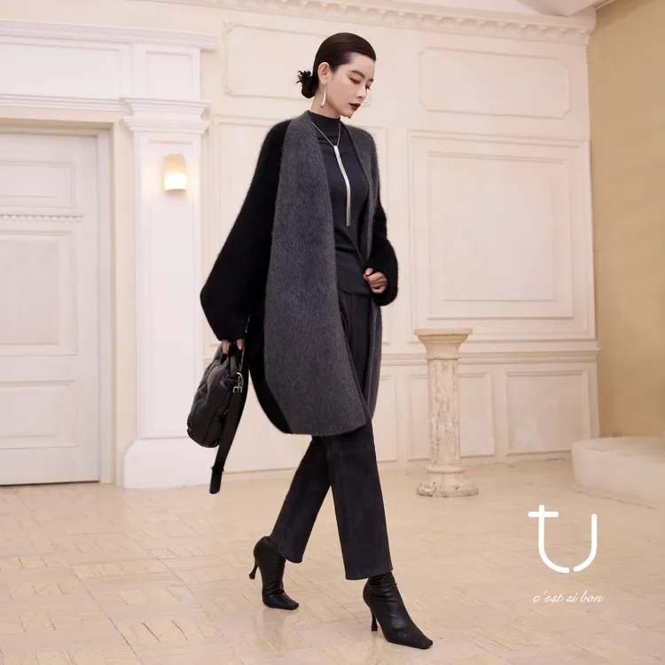 TU女装 塔林晨霙 1oo牦牛绒拉绒拼色加厚外套25冬季新款阔版大衣