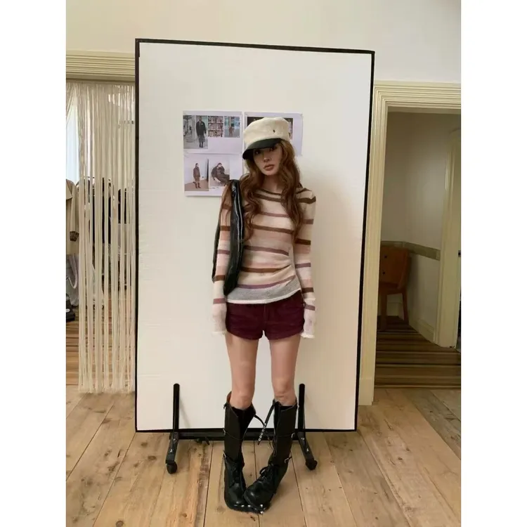 拼色条纹长袖薄款针织衫女秋季2025新款修身打底衫内搭修身短裤