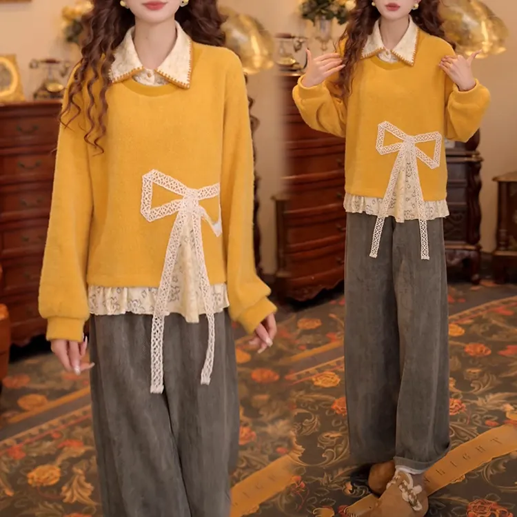 休闲风蕾丝卫衣套装2025冬假两件翻领阔腿裤柔糯质感冬日精致穿搭