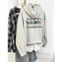 花灰色小熊印花连帽卫衣女秋冬2025年新款宽松大码中长款加厚外套