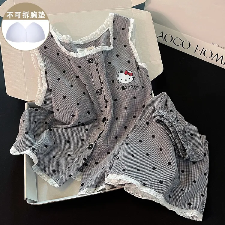 【海风和气泡水】带胸垫女款背心短裤睡衣轻氧空气感kitty波点套装