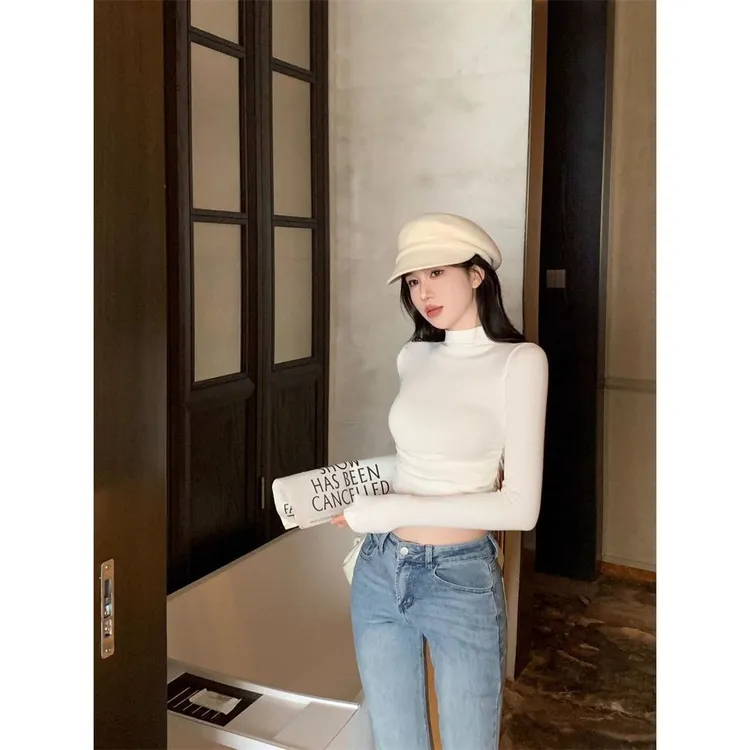 宽松型辣妹高领打底衫女秋冬季2025新款长袖t恤显身材内搭纯色紧