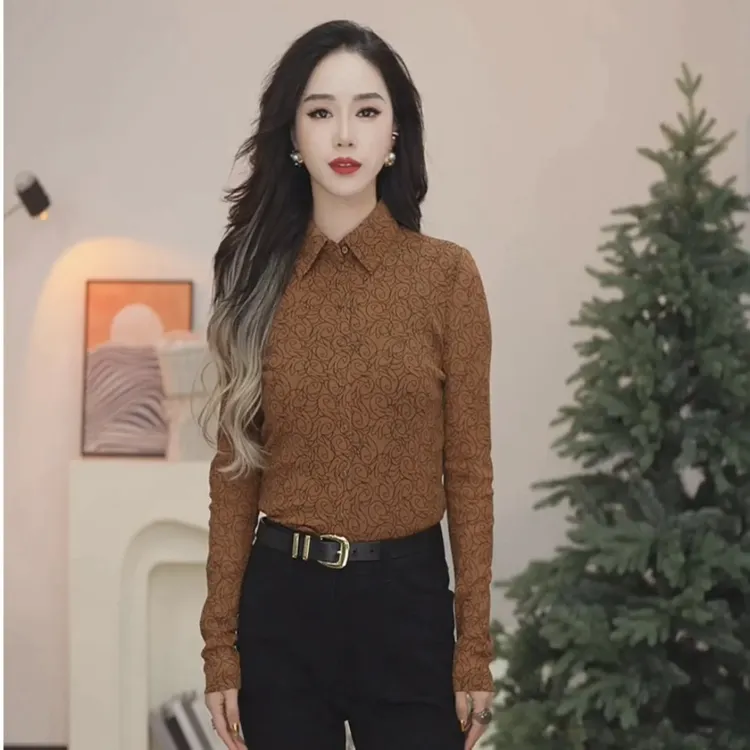 哥弟显瘦弹力印花衬衫长袖时尚1300782