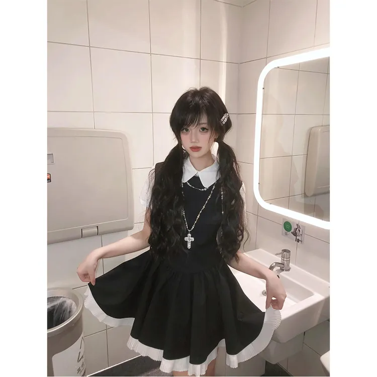 复古学院风黑色假两件连衣裙女夏日新款法式宽松显瘦撞色拼接短裙