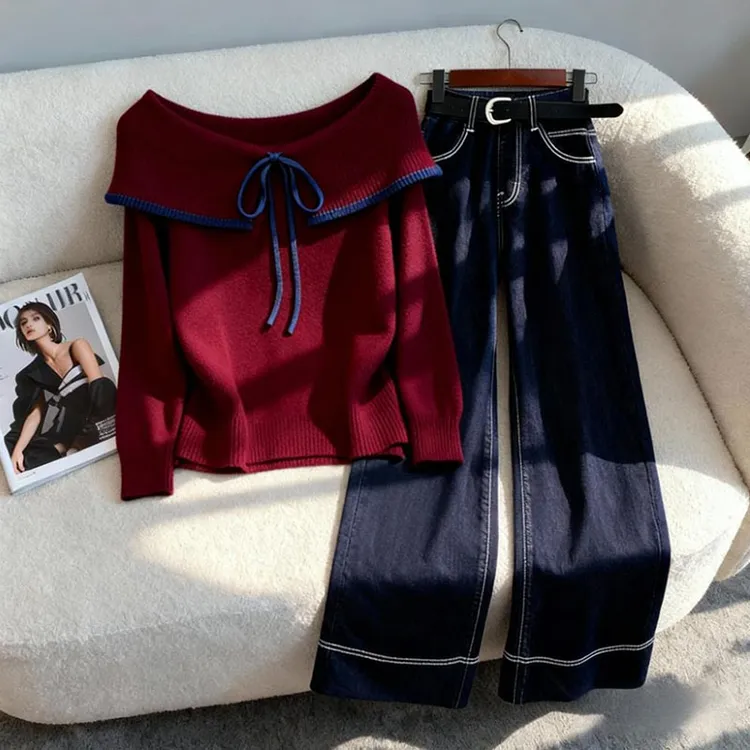 慵懒风洋气时尚百搭女装红色上衣秋冬季新款高腰深色直筒裤子套装