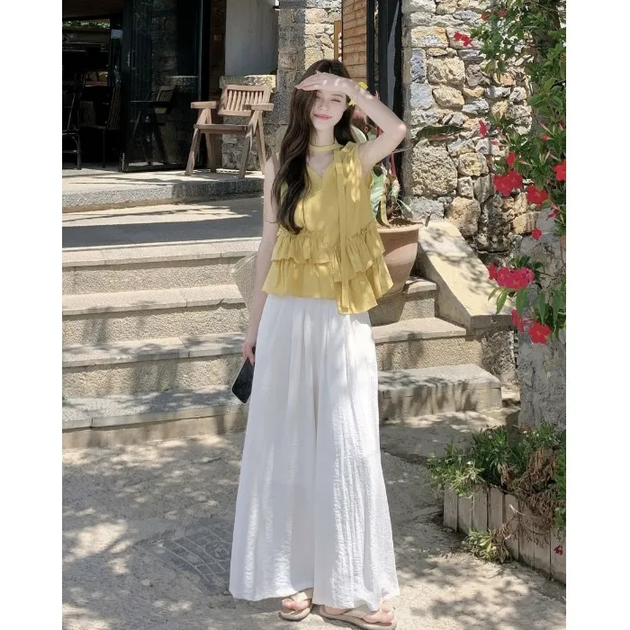 不规则荷叶边甜美无袖衬衫阔腿休闲长裤女2026夏季新款时尚套装潮