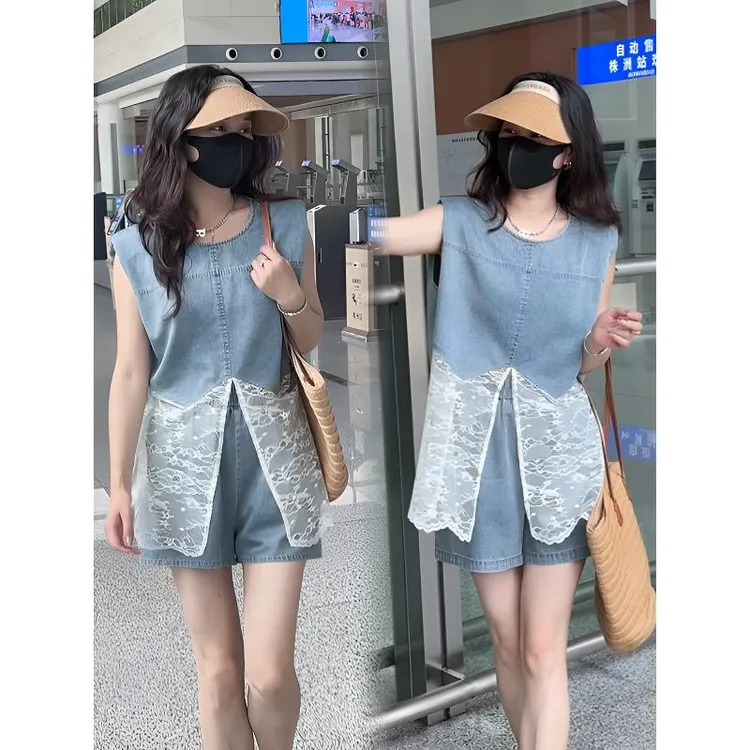 蕾丝拼牛仔法式欧若风时尚套装套装时尚短裙夏季短裤气质小个子