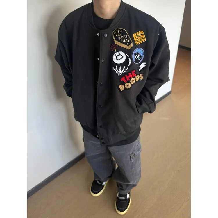 春秋宽松毛呢夹克外套潮特大码300斤徽章字母刺绣棒球服外套男女