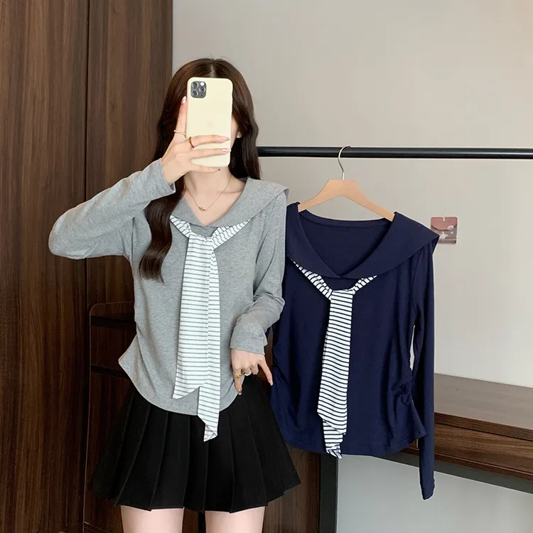 2025秋款胖mm大码女韩系减龄海军领条纹绑带显瘦长袖上衣A2128