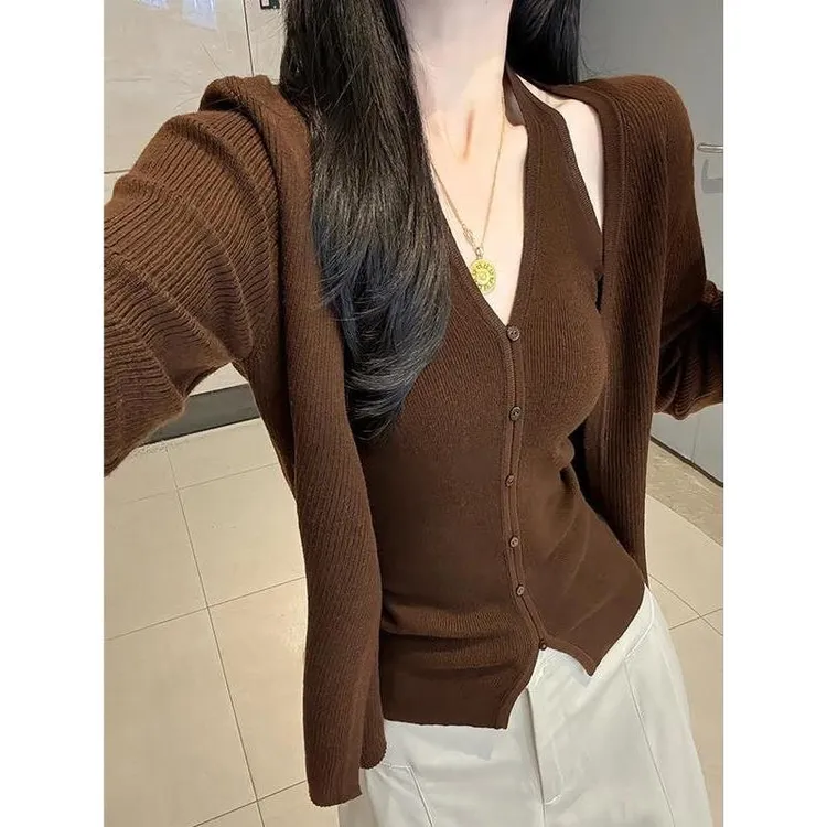 慵懒风长袖开衫针织衫上衣套装女秋季V领挂脖吊带背心外套两件套