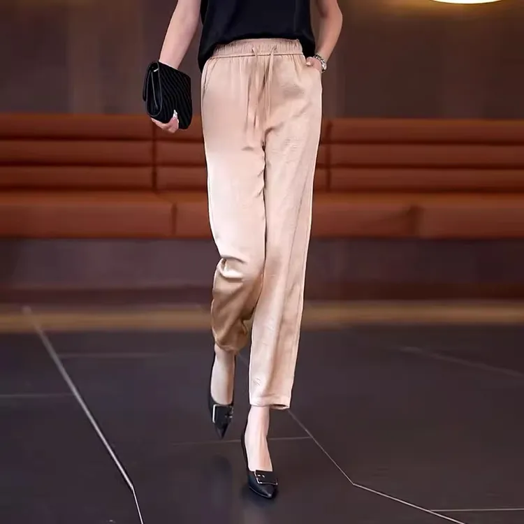 拉夏贝尔高级感休闲裤女夏季2025新款高腰夏季百搭哈伦裤九分裤子