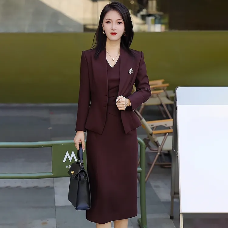 安可拉红西装职业女裙套装职场轻熟风无袖连衣裙两件套显瘦春秋