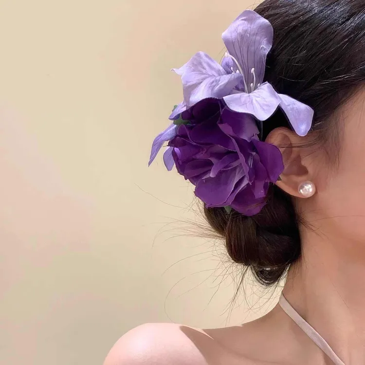 紫色韵味玫瑰花朵发夹子女2025新款氛围感头花发卡仿真花拍照发饰