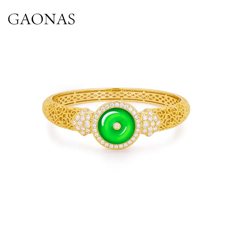 GAONAS 镀K金合成锆石手镯 四方和美 中式金色平安手镯11576SGO