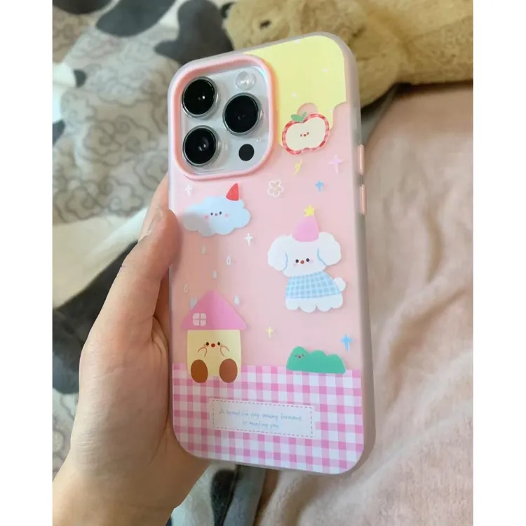 粉格雨滴小狗适用苹果17PRO/16二合一iPhone15果冻14卡通13/12/11