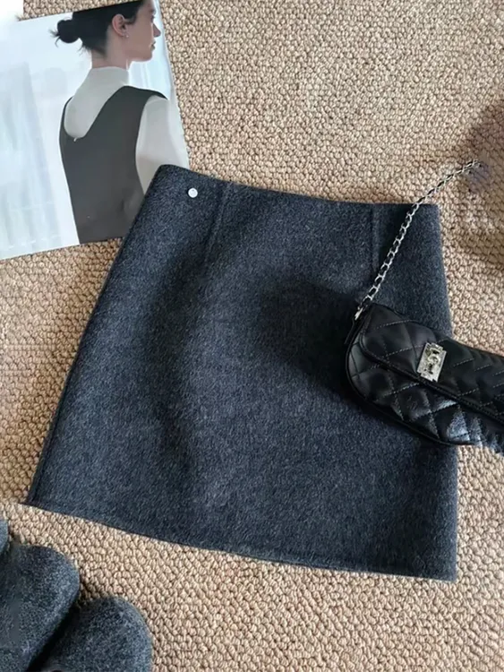 无D推荐！高级纯色加厚毛呢遮肚子半身裙秋冬韩系简约百搭A字短裙